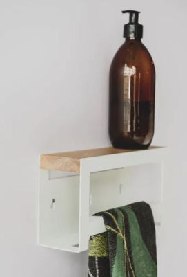 White Hand towel rail with powder coated 3CR mild steel and solid oak shelf 240x130x75m