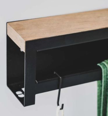 Black Double towel rail made from powder coated 3CR mild steel and solid oak shelf 1060x130x75