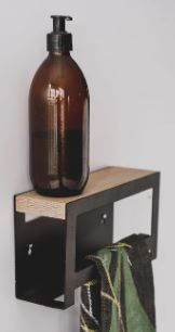 Black Hand towel rail with powder coated 3CR mild steel and solid ash shelf. 240x130x75m