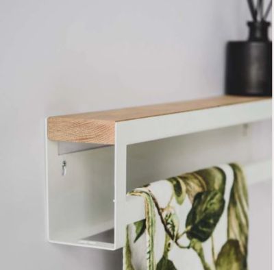 White Double towel rail made from powder coated 3CR mild steel and solid oak shelf 1060x130x75  