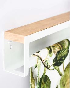 White Single towel rail with powder coated 3CR mild steel and solid oak shelf 550x130x75