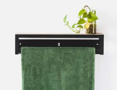 Black Single towel rail with powder coated 3CR mild steel and solid ash shelf 550x130x75 